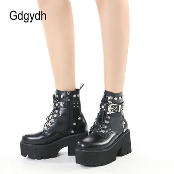 Gdgydh Metal Dekorasyon Siyah Tıknaz Motosiklet Botları Kadınlar Için Gotik Koyu Platformu Demonia Çizmeler Kadın Ayakkabısı Çiçek Perçin