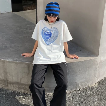 Y2K Streetwear Tops Hip Hop Kadın T Shirt Kalp Baskı Kısa Kollu Büyük Boy T Shirt 2022 Yeni Yaz Kadın Üstleri Giyim