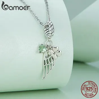 Bamoer 925 Ayar Gümüş Dört yapraklı Yonca kolye uçları Kalp Şekli Şanslı Boncuk Kadınlar için Bilezik ve Bileklik DIY Güzel Takı