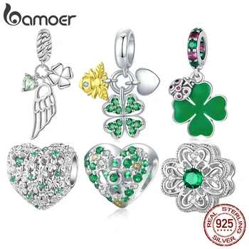 Bamoer 925 Ayar Gümüş Dört yapraklı Yonca kolye uçları Kalp Şekli Şanslı Boncuk Kadınlar için Bilezik ve Bileklik DIY Güzel Takı 1
