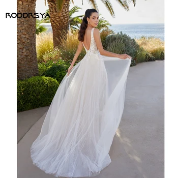 RODDRSYA Seksi V Yaka A-Line düğün elbisesi Yüksek Bölünmüş Payetli Dantel Aplike Straplez Tül gelin kıyafeti Çiçek Vestido De Noiva 0