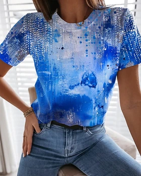 Yaz T-Shirt Kadın Yuvarlak Yaka 3D Soyut Baskı Üstleri Bayanlar Rahat Kısa Kollu Moda Gevşek İnce Tee Gömlek Elbise