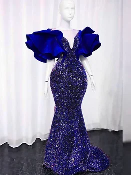 Köpüklü Sequins Mermaid Abiye giyim Zarif 2023 Ruffles Kabarık Kollu V Boyun Kadınlar Güney Afrika Balo Elbise robe de soirée