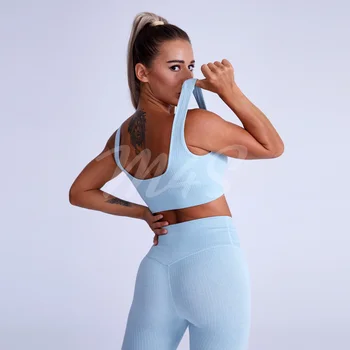 Nervürlü Yoga Seti Eşofman Spor Topluluk Kadın 2 Parça Kadın Spor Giyim Dikişsiz Spor Egzersiz Spor Kırpma Üst Tayt