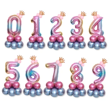 15 Adet Gökkuşağı Numarası Folyo Balonlar 32 İnç Taç Metal Balon Dijital Helyum Balon Düğün Dekorasyon Doğum Günü Partisi Malzemeleri