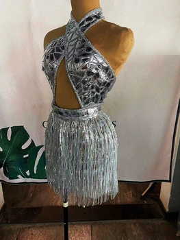 Kadın Sequins Platin Gümüş Elbise Hollow Out Püskül Parlayan Sahne Kostüm Backless Kolsuz Seksi Doğum Günü Sürükle Kraliçe Kıyafet