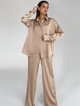 Lınad Gevşek kadın Ev Giysileri 2 Parça Setleri Haki Uzun Kollu Pijama Kadın Rahat Pantolon Takım Elbise 2023 Bahar Pijama Katı