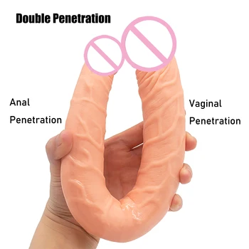 Aşırı Çift Dildos Yumuşak Çift Başlı Penis Gerçekçi Phallus Çift Penetrasyon Vajina ve Anüs Seks Oyuncakları Erotik Dick 3