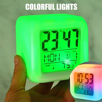 Çok fonksiyonlu çalar saat LED parlayan dijital saat 7 renk değiştirme ışık gece parlayan çocuk masası saat uyandırma zamanlayıcı 1