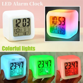 Çok fonksiyonlu çalar saat LED parlayan dijital saat 7 renk değiştirme ışık gece parlayan çocuk masası saat uyandırma zamanlayıcı 3