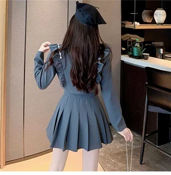 2022 kadın ceketi Uzun Kollu Öğrenci Pilili Etek Takım Elbise Kadın Gümüş Gri Blazer Bayan Ofis iş elbisesi Blazers Kısa Elbise