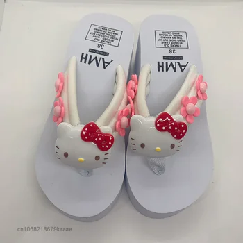 Sanrio Hello Kitty Beyaz Ayakkabı Yüksek Topuk Moda Lüks Terlik Kadın platform ayakkabılar Y2k Tatlı Sandalet Plaj Tatil Terlik