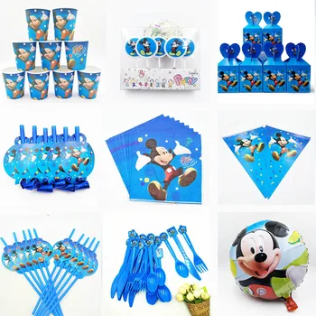 Mickey Mouse Parti Dekorasyon Çocuklar Doğum Günü fincan tabağı afiş şapka hasır Seti Parti Malzemeleri İyilik Bebek Duş Mavi Çocuk Çocuk Hediye