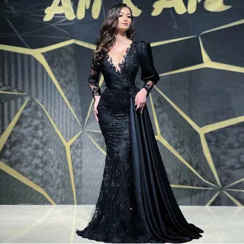 Büyüleyici Siyah Abiye giyim 2022 Tam Dantel Uzun Kollu Mermaid Örgün Parti Balo Abiye Dubai Maxi Artı Boyutu Parti Kıyafeti