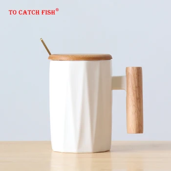 Ahşap saplı seramik kahve kupa, edebi çay fincanı Ofis Kahve süt kupası İskandinav Küçük Taze El seramik fincan Drinkware hediye 400 ml