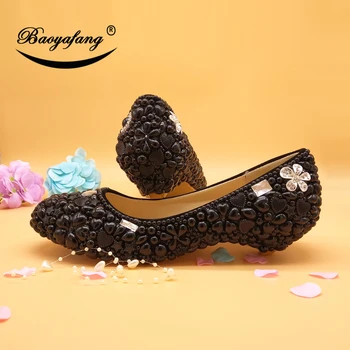 BaoYaFang 2019 Yeni varış Siyah Boncuk Inci kadın Düğün ayakkabı Bayanlar parti ayakkabıları 2 cm Takozlar Düşük topuk ayakkabı büyük boy 44