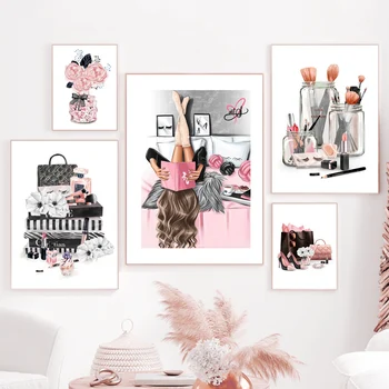 Moda Kız Paris Parfüm Topuklu Ruj Makyaj Sanat tuval Boyama İskandinav Posterler Ve Baskılar Duvar Resimleri Oturma Odası Dekor 2