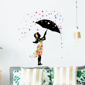Şemsiye Çiçekler Kız duvar çıkartmaları Çocuk Kız Odası Yatak Odası Ev Dekorasyon Duvar Kağıdı Güzel Sanat Çıkartmaları Yaratıcı Sticker
