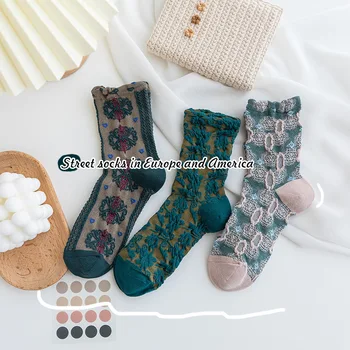 3 Çift Kore Tarzı Kadın Çorap Pamuk Harajuku Bayanlar Kış Çorap Seti Kawaii Çiçek Baskı Moda Streetwear Sevimli Tüp Çorap Sox 0