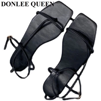 2022 Yaz Sandalet Kadın Düz Kare Ayak Moda Marka Dar Bant Sandalet Rahat Terlik Ayakkabı Vintage Burnu açık Sandalias Mujer 2