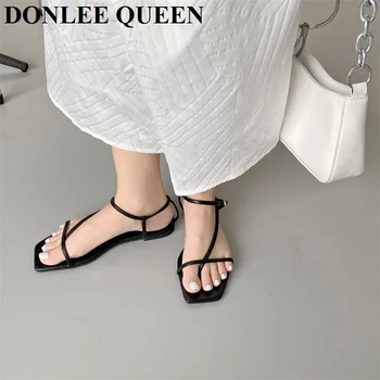 2022 Yaz Sandalet Kadın Düz Kare Ayak Moda Marka Dar Bant Sandalet Rahat Terlik Ayakkabı Vintage Burnu açık Sandalias Mujer 3