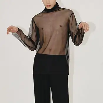 Seksi Siyah Balıkçı Yaka See Through T Shirt İçin Erkek Örgü Streç Giyim Şeffaf Taban Gömlek Kore Moda Yüksek Boyun Üst