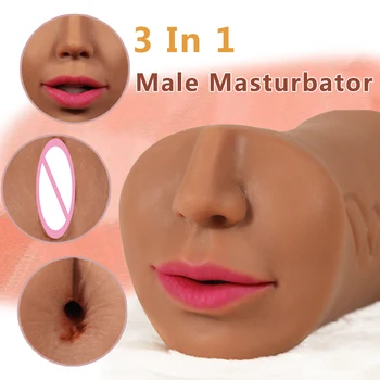 Vajina Ağız 3D Gerçekçi Yapay Vajina Cep Pussy Seks Shop Silikon Seks oyuncakları Erkekler için Erkek Masturbator Kupası Erotik 3 İN 1 2