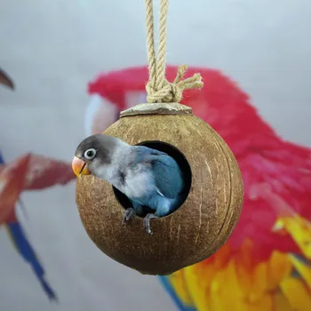 Doğal Hindistan Cevizi Kabuğu Kuş Kafesleri Papağan Evi Yuvalama Ev Kafesi Asılı Kordon İle Küçük Pet Parakeets İspinoz Serçeler