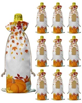 10 adet Şükran Güz Kabak Akçaağaç Yaprağı şarap şişesi çantası İpli Düğün Şenlikli Parti Dekor şarap şişesi Kapakları Hediye