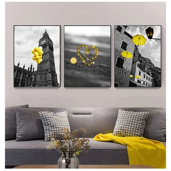 Balon manzara Sarı araba Duvar Sanatı Resimleri için Oturma Odası Ev Dekorasyon Modern Posterler ve Baskılar Sarı 4