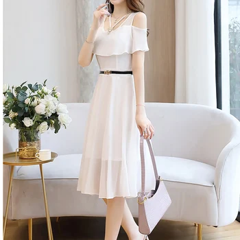 Kore Moda Şifon Katı Ruffles kemer elbise Kadınlar 2022 Yaz Zarif Kapalı Omuz A-Line Midi Elbiseler Vestidos Elbiseler Femme