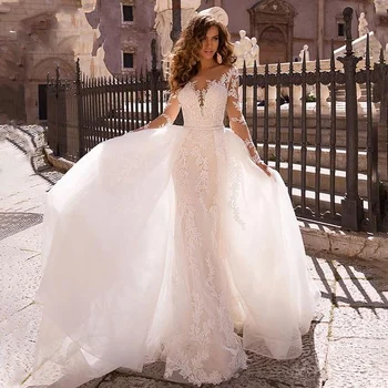 Uzun Kollu Mermaid düğün elbisesi 2022 V Yaka Dantel Aplikler Gelin Elbise Ayrılabilir Tren İle Boho Lüks gelinlikler