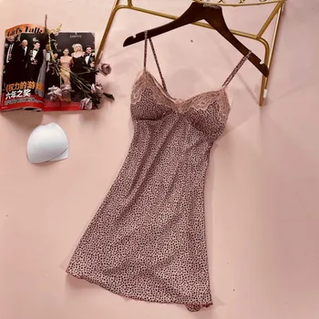 Dantel Ev Sabahlık Kadın Kıyafeti Yaz Yeni Pijama Samimi İç Çamaşırı Leopar Mini Gecelik Saten Gecelik