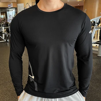 Yüksek Kalite Koşu Spor Gömlek Erkekler Sıkıştırma Uzun Kollu Üst Giyim Ekip Boyun Swearshirt Erkek Döküntü Guard Esneklik