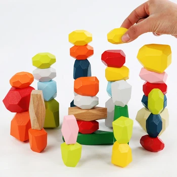 Bebek Oyuncak Ahşap Yapı Taşı Renkli Taş Yaratıcı Eğitici Oyuncaklar İskandinav Tarzı İstifleme Oyunu Gökkuşağı Taş Ahşap Oyuncak Hediyeler