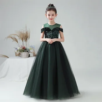 Pullu Fantezi çocuk Elbise zarif Uzun Balo Balo Yeşil Kızlar düğün Akşam Pageant Elbise Küçük Kızların Ziyafet Elbise