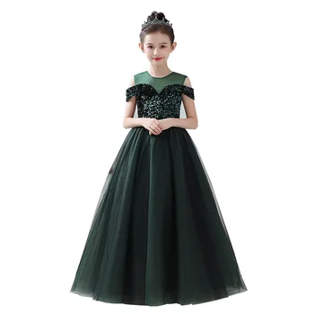 Pullu Fantezi çocuk Elbise zarif Uzun Balo Balo Yeşil Kızlar düğün Akşam Pageant Elbise Küçük Kızların Ziyafet Elbise 1