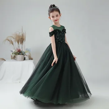 Pullu Fantezi çocuk Elbise zarif Uzun Balo Balo Yeşil Kızlar düğün Akşam Pageant Elbise Küçük Kızların Ziyafet Elbise 2