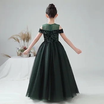 Pullu Fantezi çocuk Elbise zarif Uzun Balo Balo Yeşil Kızlar düğün Akşam Pageant Elbise Küçük Kızların Ziyafet Elbise 3