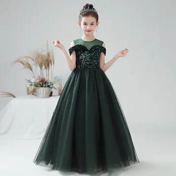 Pullu Fantezi çocuk Elbise zarif Uzun Balo Balo Yeşil Kızlar düğün Akşam Pageant Elbise Küçük Kızların Ziyafet Elbise 4