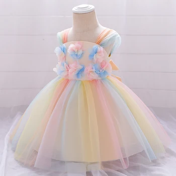 Renkli gökkuşağı prenses toddler doğum günü partisi çocuk vaftiz düğün elbisesi Yenidoğan Bebek kız giysileri Yaz elbiseler vestido