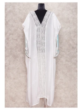 2023 Seksi oyma dantel Patchwork V Yaka Kısa Kollu Gevşek yaz elbisesi Beyaz Pamuklu Tunik Kadınlar Plaj Kıyafeti Maxi Elbise Q1158 2