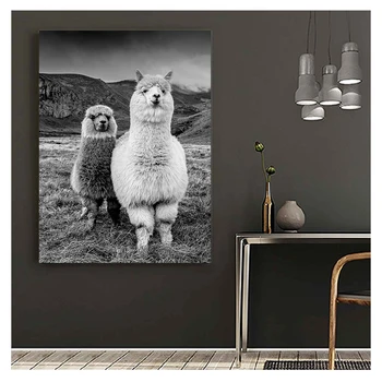 Boho Duvar Sanatı Lama Baskı Kreş Tuval Boyama Nordic Dekorasyon Resim Modern Ev Dekor Alpaka Siyah Beyaz Hayvan Posteri