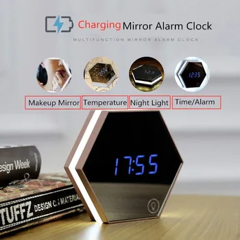 Geometrik led duvar saati Modern tasarım makyaj aynası dijital sıcaklık göstergesi elektrikli alarmlı saatler ışık yayan ev izle