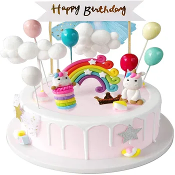 Unicorn Kek Topper Kiti Bulut Gökkuşağı Balon Mutlu Doğum Günü Afiş Kek Dekorasyon 12 paket Erkek Kız Çocuklar İçin Doğum Günü 1