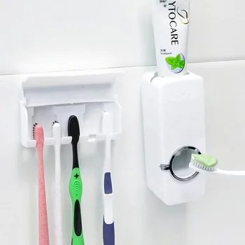 2 parçalı Set Otomatik Diş Macunu Dağıtıcı Duvara Monte Sıkacağı Toz geçirmez Diş Fırçası Tutucu Yapışkan Kanca Diş Fırçası Raf Tutucu
