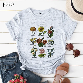 JCGO Yaz Pamuk Kadın T Shirt S-5XL Çok Yönlü Çiçek Bitkiler Baskı Kısa Kollu Kadın Tees Tops Casual O-boyun Kadın Tişörtleri