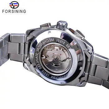 Forsining Erkek mekanik saatler Siyah 6 Eller Tarih Otomatik Kendinden Kurmalı Gümüş paslanmaz çelik şerit Kol Saati Relogio 5