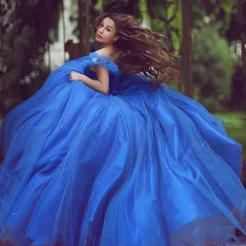 Külkedisi Kraliyet Mavi Quinceanera elbise Balo Kapalı Omuz Puf Tül Boncuklu Parti Tatlı 16 Elbise