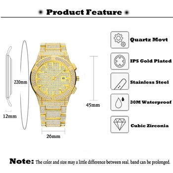 MISSFOX Gümüş Ve Altın İzle Erkek Takvim Tam Elmas Saatler Üst Marka Lüks Analog Su Geçirmez Erkek saat hediye kutusu 0